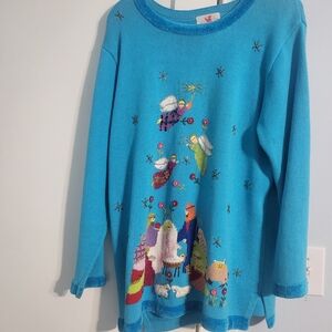 Quacker Factory Christmas sweater XL, light blue background, nativity scene